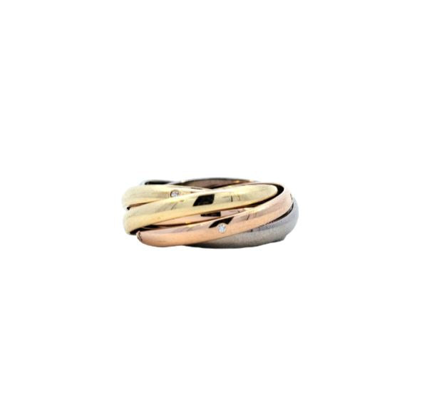 Cartier 6 band Trinity diamond ring. Featuring two bands in yellow gold, rose gold, and white gold. Set with 15 flush set diamonds.