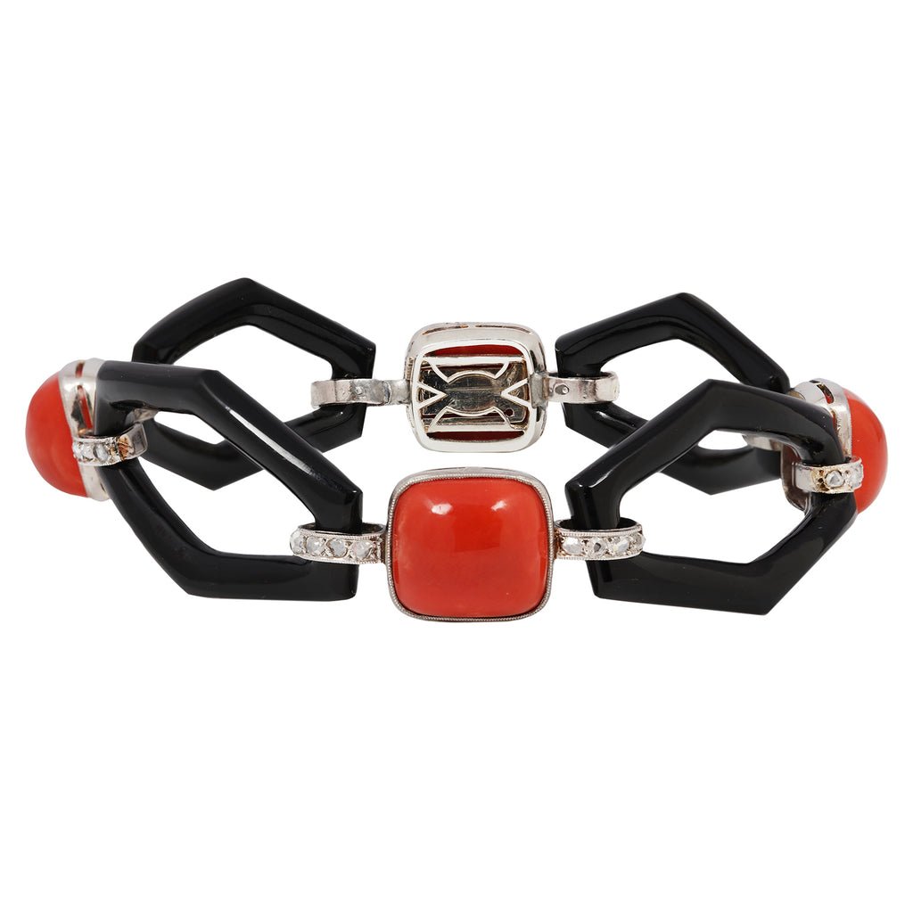 Art Deco Coral, Black Onyx, and Rose-cut Diamond Link Bracelet The Gleim Collection