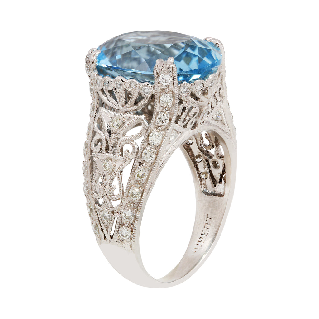 Aquamarine and Diamond Swirl Detail Ring Estate Collection