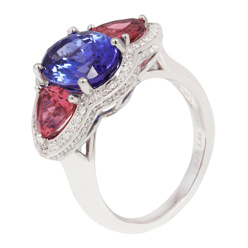 Tanzanite and Pink Tourmaline Three Gemstone Ring Estate Collection