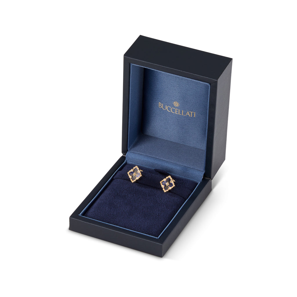 Buccellati Opera Tulle Blue Enamel Gold Earrings handcrafted in 18k yellow gold featuring a vibrant blue enamel centerpiece, delicate radial tulle, and a secure clip for pierced ears. In box.