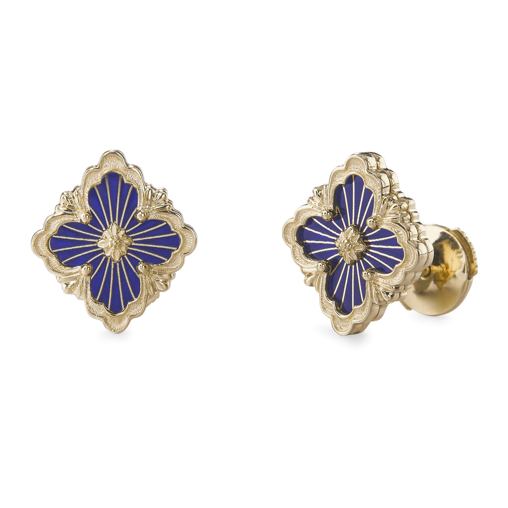 Buccellati Opera Tulle Blue Enamel Gold Earrings handcrafted in 18k yellow gold featuring a vibrant blue enamel centerpiece, delicate radial tulle, and a secure clip for pierced ears. Side view.