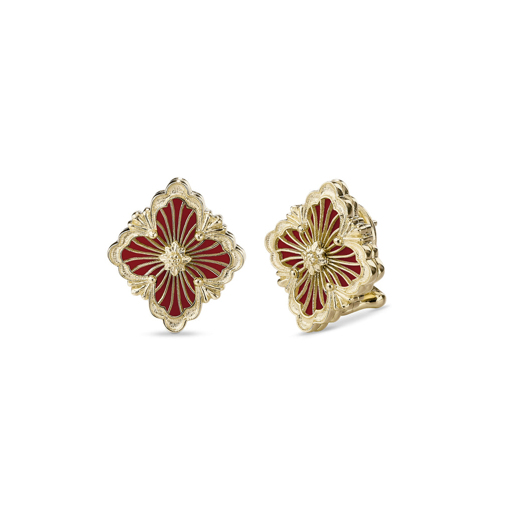 Buccellati Opera Tulle Gold Red Enamel Button Earrings in 18k yellow gold featuring a red enamel centerpiece with radial tulle, fan-shaped scalloped borders, and a secure clip for pierced ears. Side view