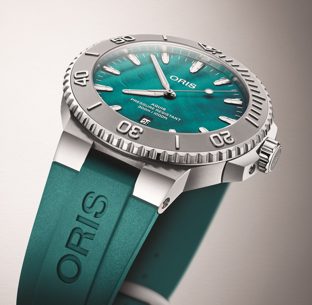 Oris New York Harbor Limited Edition II Aquis Date dive watch with aqua green rubber strap and stainless steel case, 43.5mm.