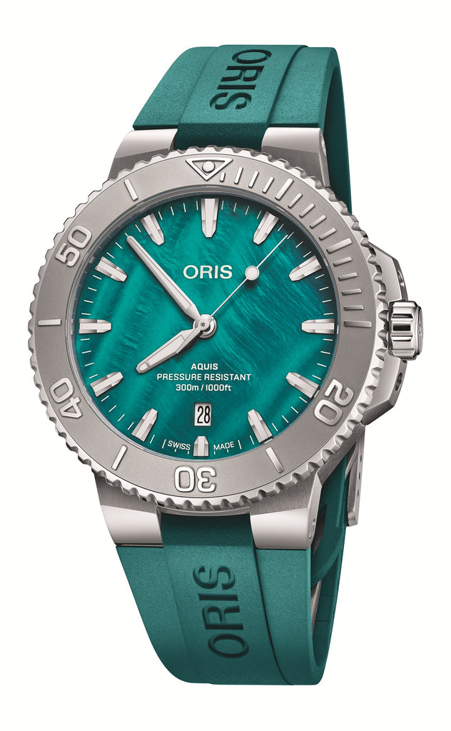 Front view of the Oris New York Harbor Limited Edition II Aquis Date with aqua green dial and matching rubber strap.