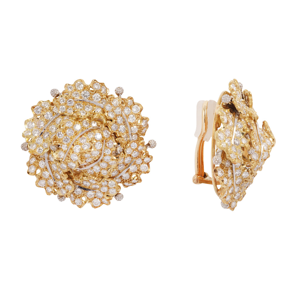 Front view of estate Buccellati clip-on earrings featuring 18k yellow gold oak leaf clusters with round brilliant diamonds and white gold accents. bck view