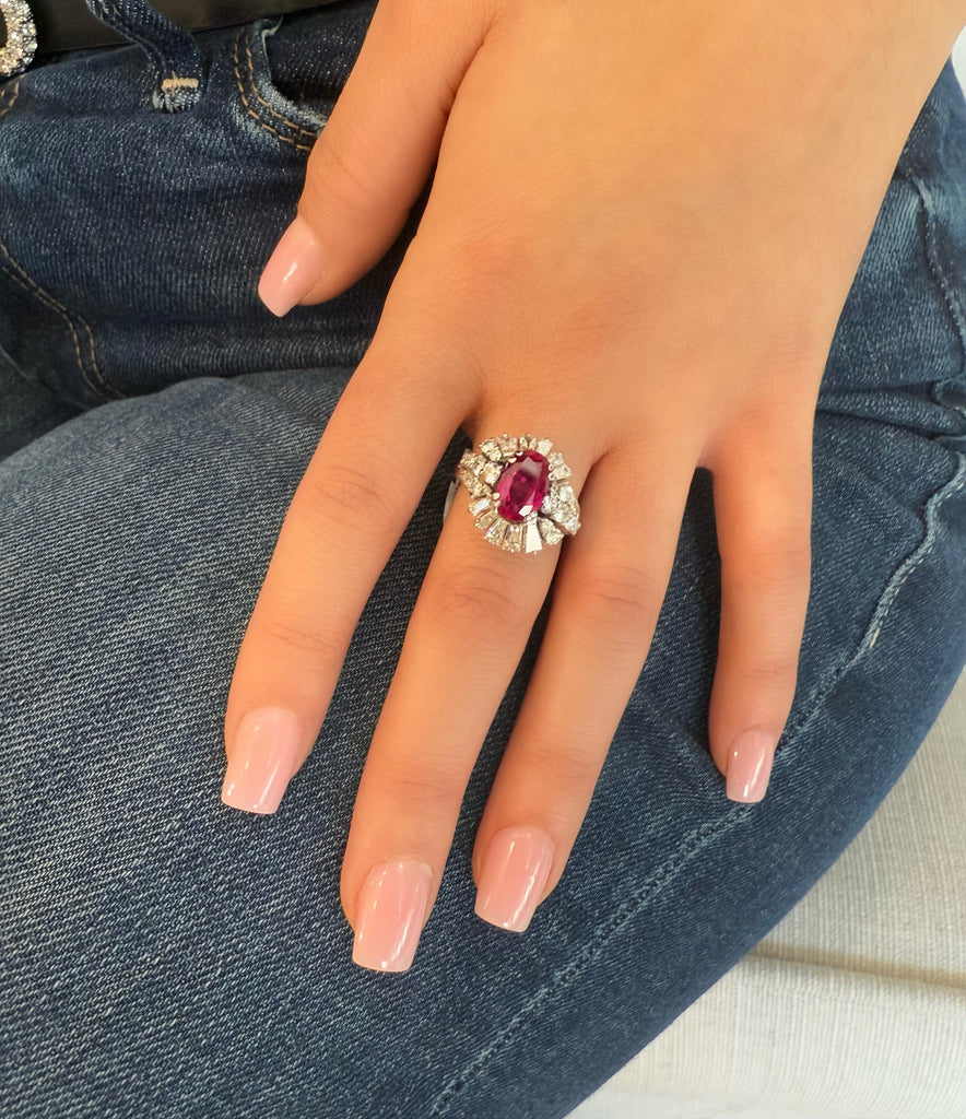 Oval Ruby Bypass Tapered Baguette Ring Estate Collection
