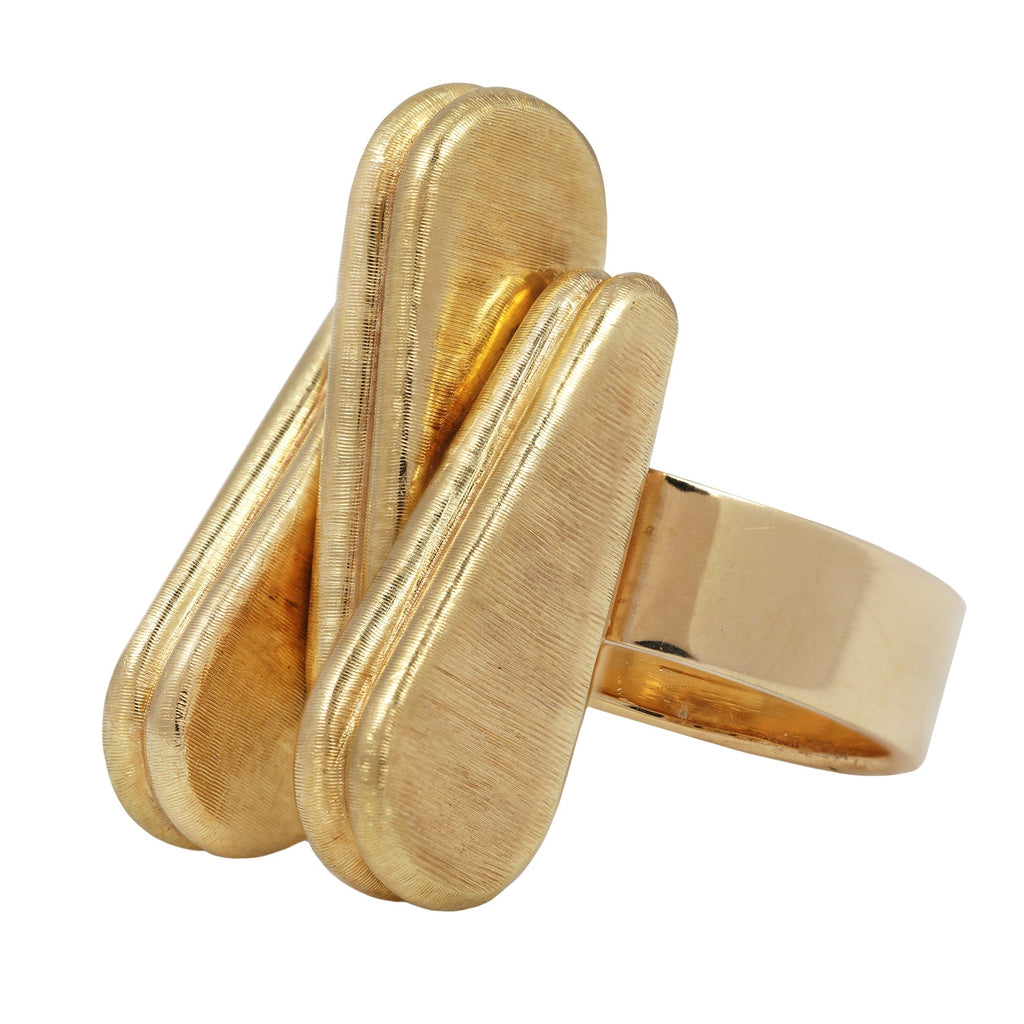 Cartier vintage 18k yellow gold architectural ring with Florentine finish and three vertical engraved links.