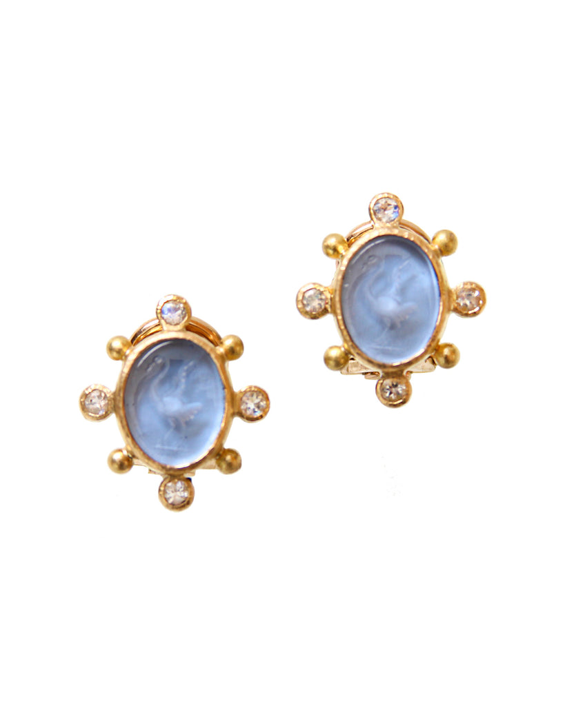 Venetian Glass Intaglio Engraved Crane Earrings Elizabeth Locke Collection