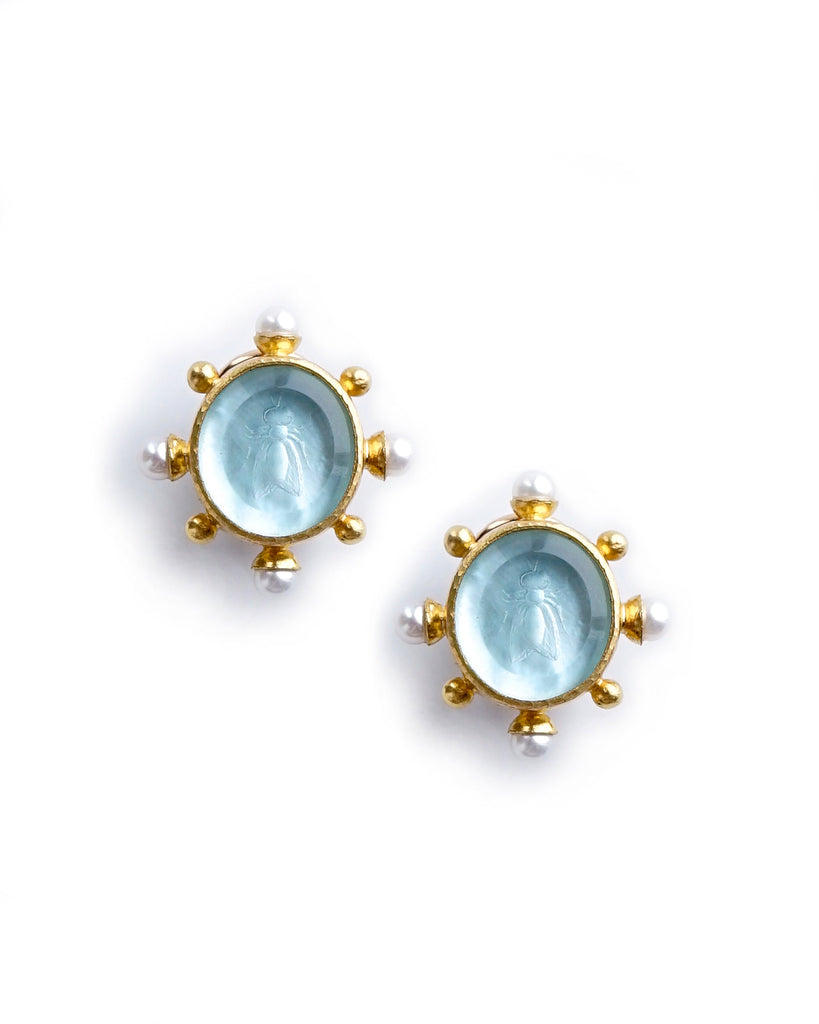 Aqua Venetian Glass Demel and Bee Intaglio and Pearl Earrings Elizabeth Locke Collection