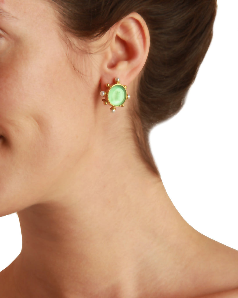 Aqua Venetian Glass Demel and Bee Intaglio and Pearl Earrings Elizabeth Locke Collection