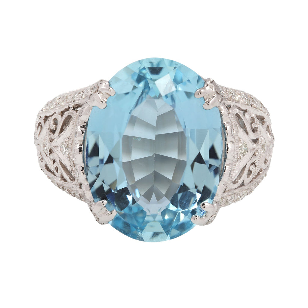 Aquamarine and Diamond Swirl Detail Ring Estate Collection