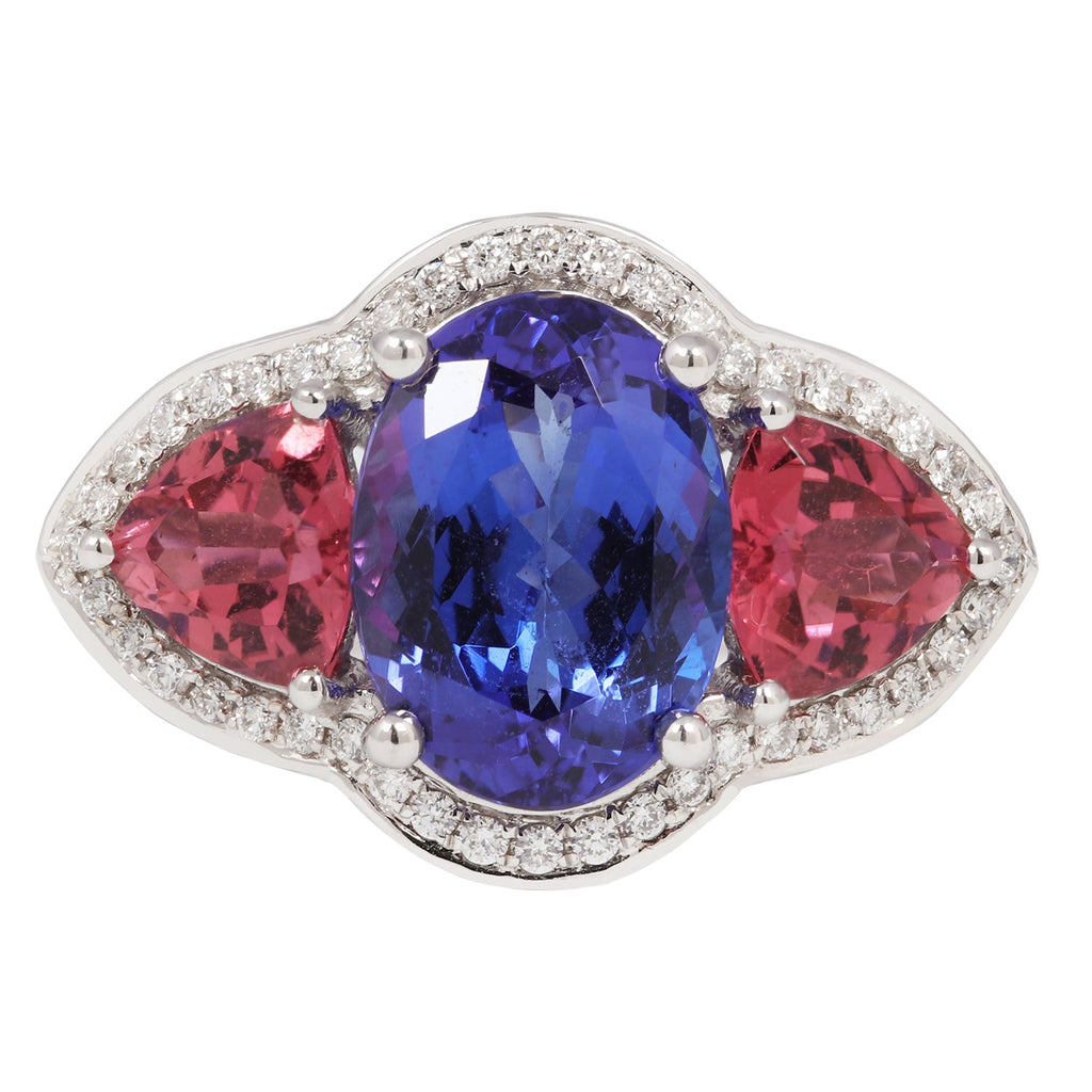 Tanzanite and Pink Tourmaline Three Gemstone Ring Estate Collection
