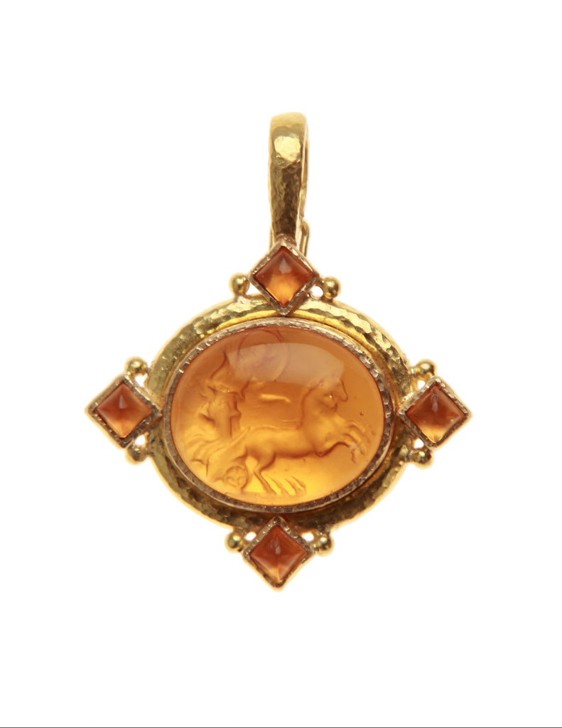Light Amber Venetian Glass Intaglio Goddess with Chariot Pendant Elizabeth Locke Collection