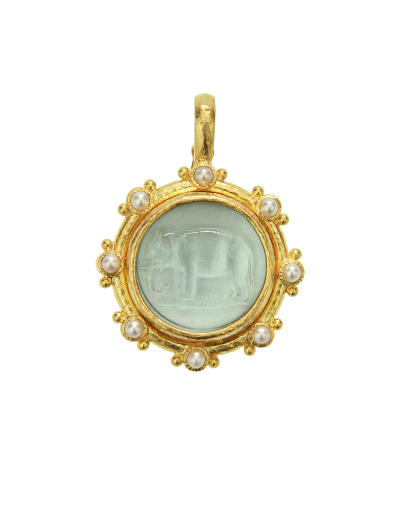 Aqua Venetian Glass Elephant Intaglio and Pearl Pendant Elizabeth Locke Collection