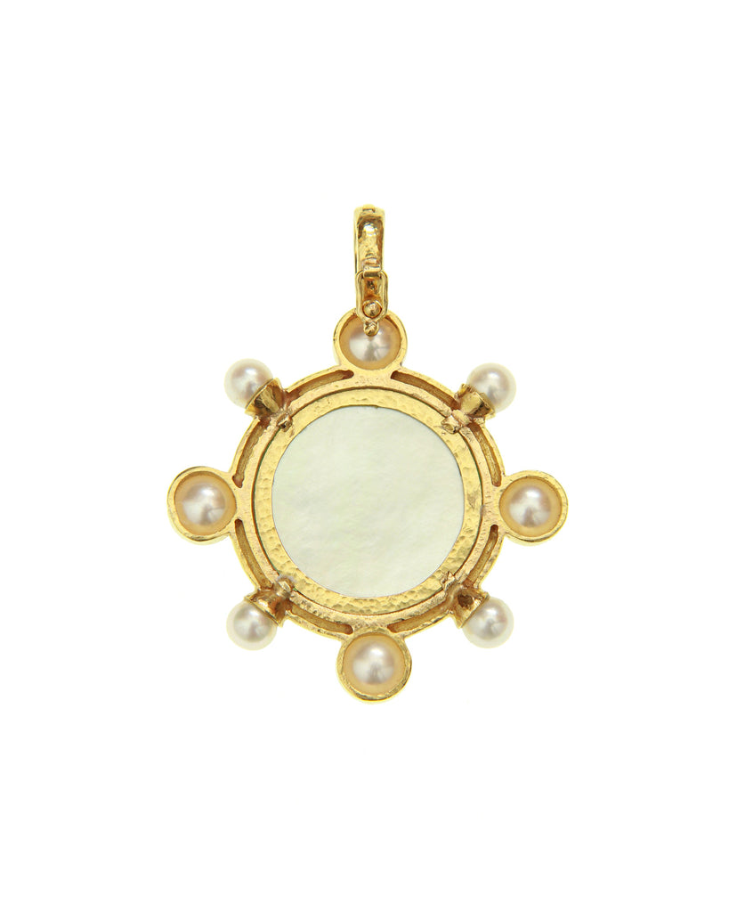 Cerulean Venetian Glass Cupid Riding a Lion Intaglio and Pearl Pendant Elizabeth Locke Collection