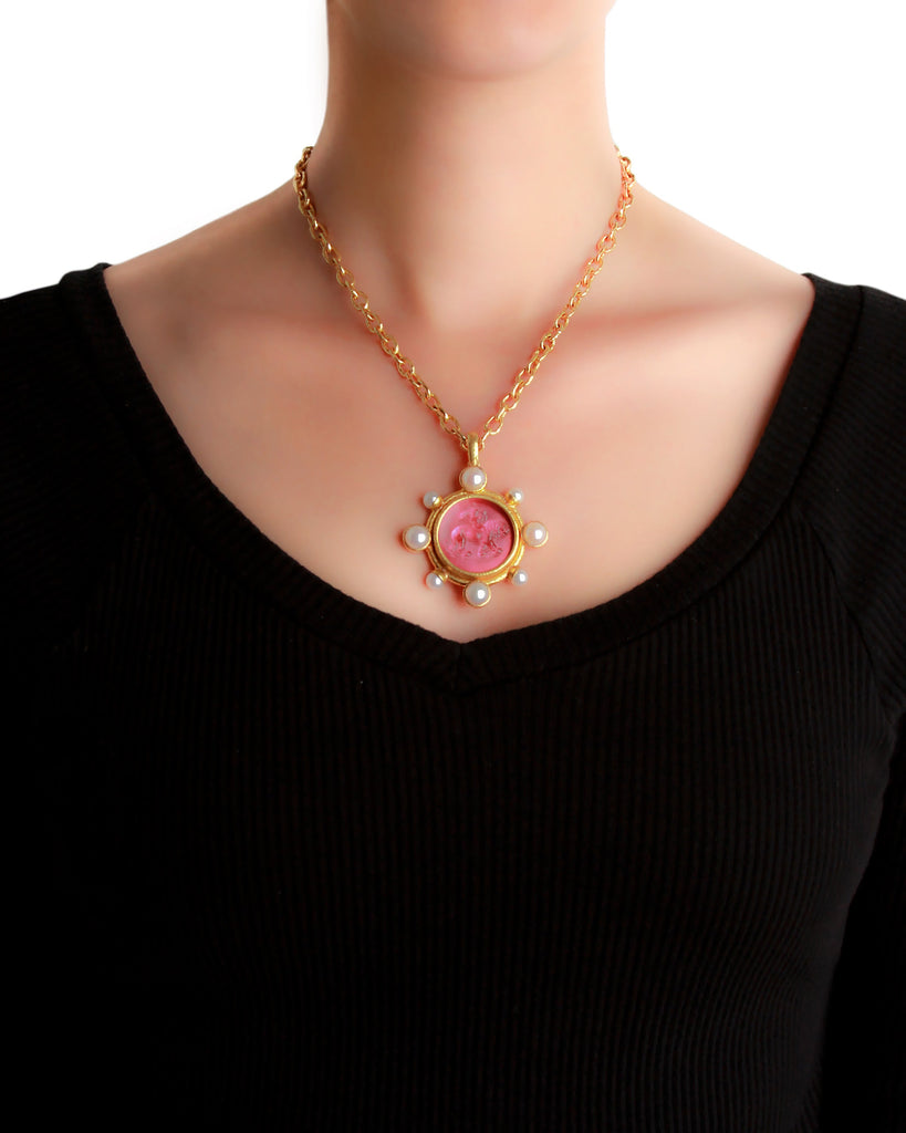 Cerulean Venetian Glass Cupid Riding a Lion Intaglio and Pearl Pendant Elizabeth Locke Collection