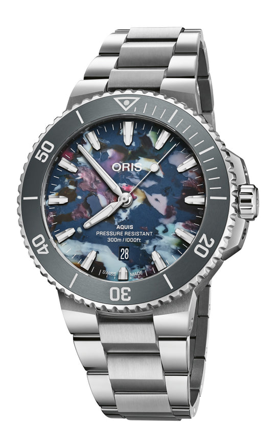 Aquis Date Upcycle Watch - Stainless Steel, Blue Multicolor Dial, 43.50 mm