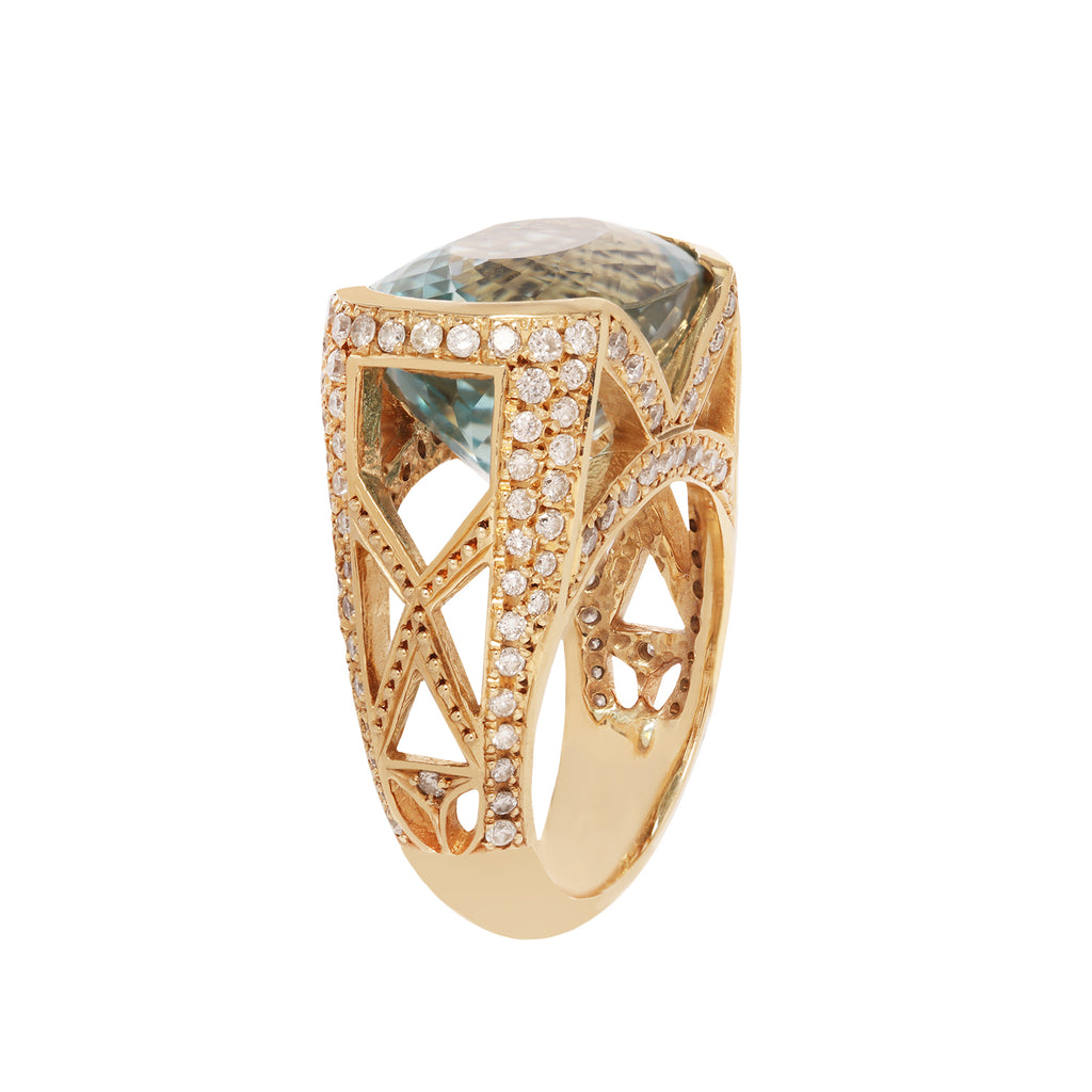 Elegant 14K gold ring with a 10.79 CTW oval aquamarine, pave diamond openwork, and an architectural side profile.