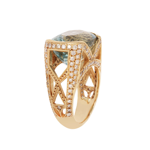Elegant 14K gold ring with a 10.79 CTW oval aquamarine, pave diamond openwork, and an architectural side profile.
