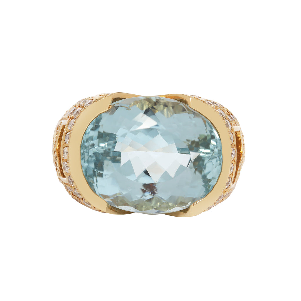Elegant 14K gold ring with a 10.79 CTW oval aquamarine, pave diamond openwork, and an architectural side profile. Top view