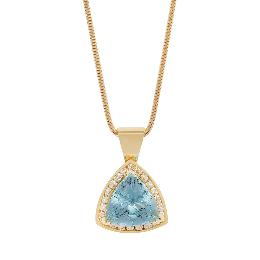 Elegant 18K gold pendant with a 15.04 CTW trillion aquamarine, 1.26 CTW diamonds, and a wide inverted bail (chain not included). Front