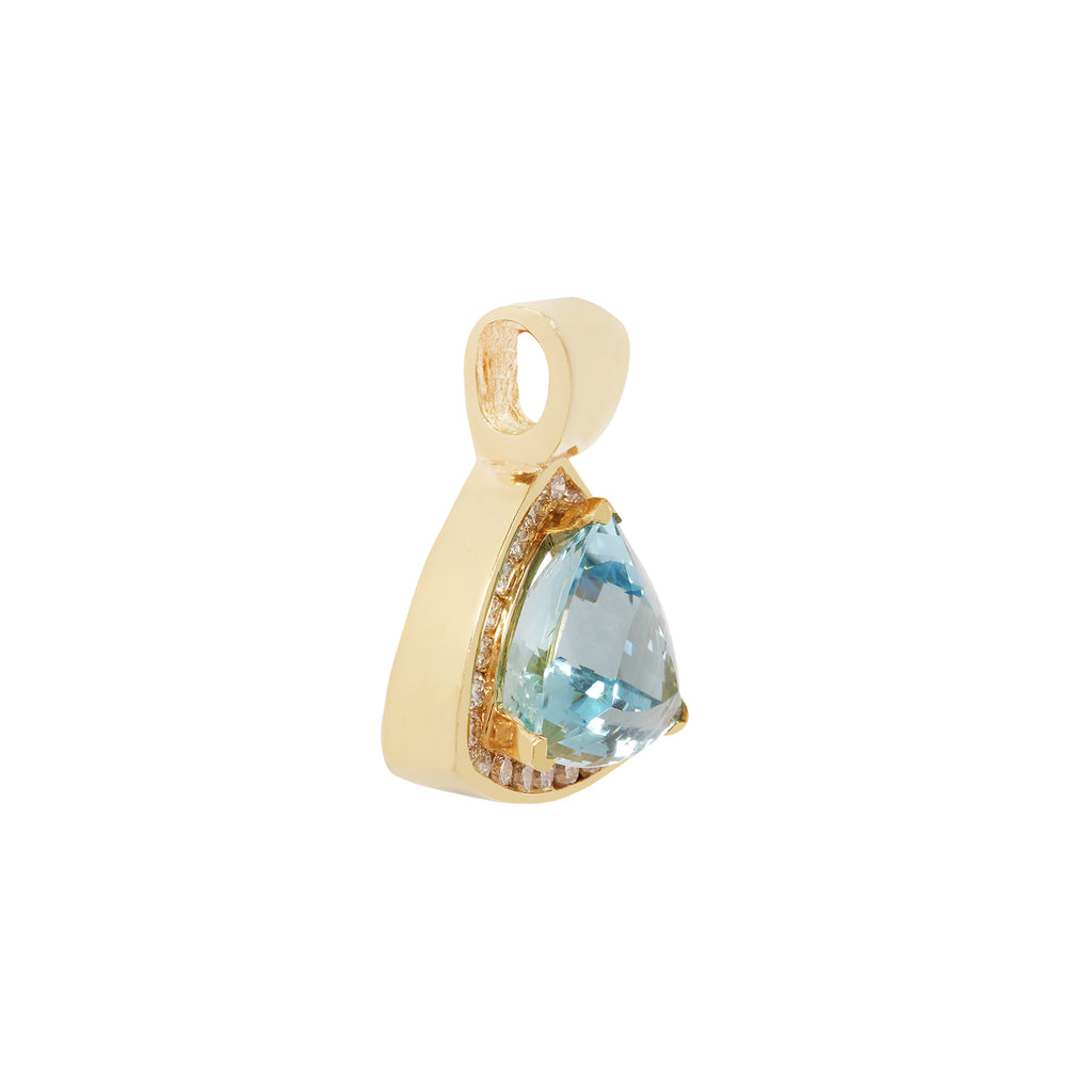 Elegant 18K gold pendant with a 15.04 CTW trillion aquamarine, 1.26 CTW diamonds, and a wide inverted bail. Side View