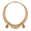 18K gold woven collar necklace with knotted gold wire and fringe detail, paired with clip-on fringe earrings. 