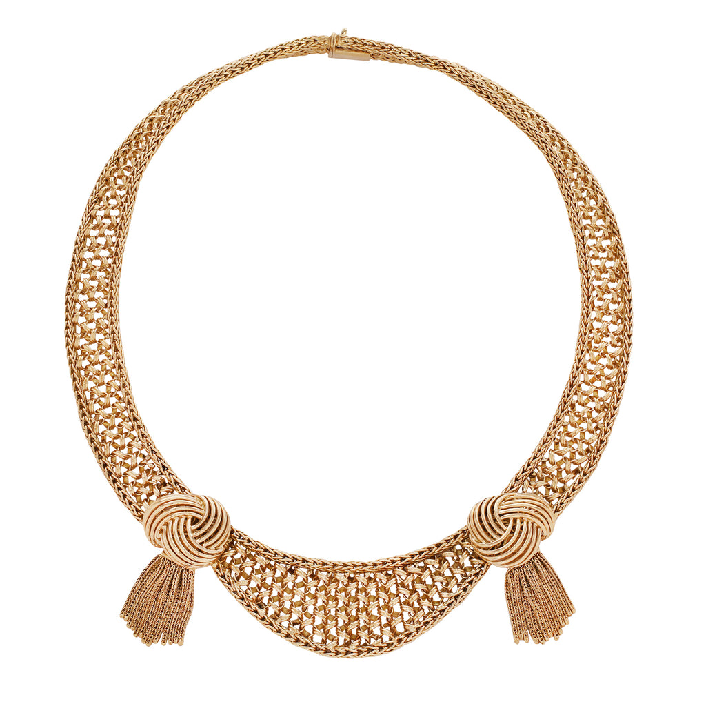18K gold woven collar necklace with knotted gold wire and fringe detail, paired with clip-on fringe earrings. 