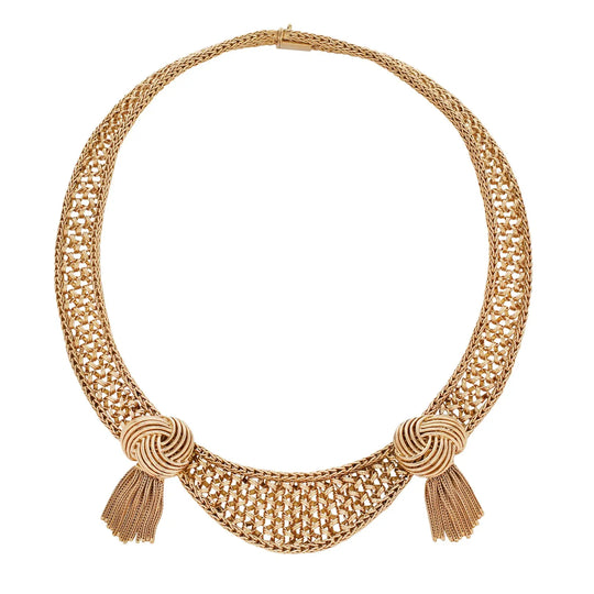 Vintage Wide Woven Knotted Gold Collar Necklace Earrings Set