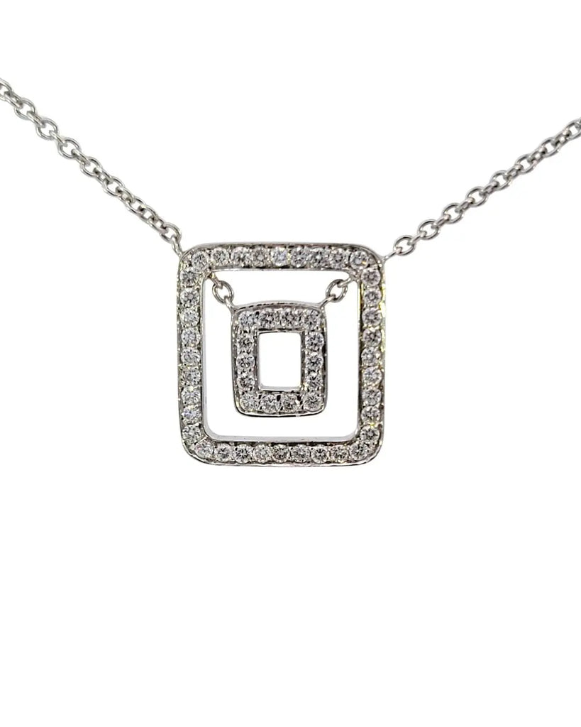 18K white gold double square diamond pendant necklace with halo design and round brilliant diamonds on chain