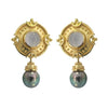 Estate 18k yellow gold earrings featuring blue chalcedony cabochon centers in granulated gold discs with Tahitian pearl drops, artisan style with clip post backs