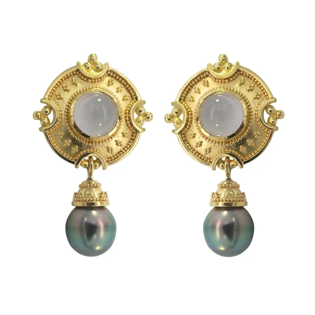 Estate 18k yellow gold earrings featuring blue chalcedony cabochon centers in granulated gold discs with Tahitian pearl drops, artisan style with clip post backs