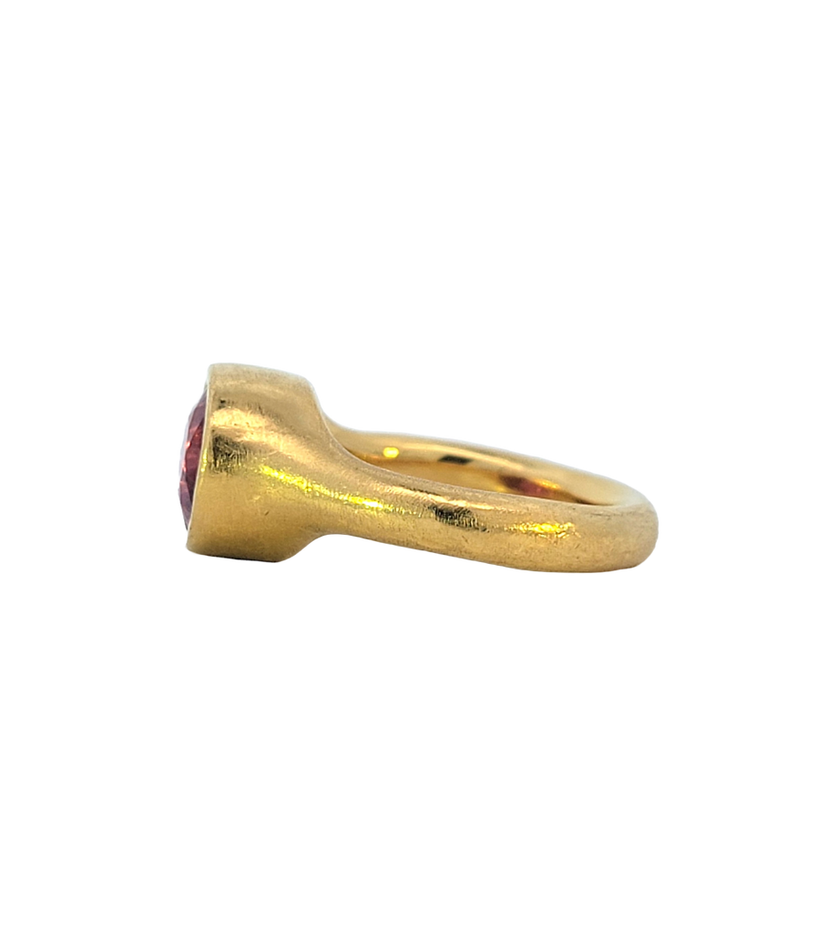 22K gold ring with 2.80ct oval Rubellite Tourmaline in East-West gypsy setting, hammered finish, size 7.5. Side View