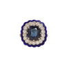 Blue sapphire ring with European-cut diamonds, cobalt enamel frame, platinum, and 14K gold accents.