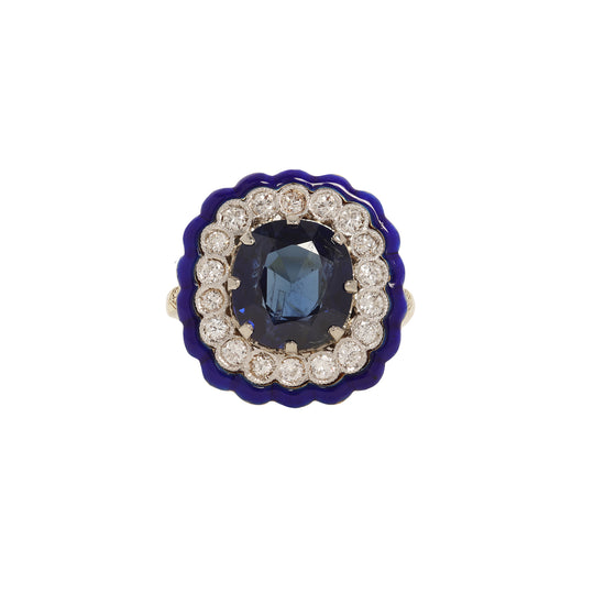 3.23 cts. Sapphire Diamond Blue Enamel Scalloped Ring