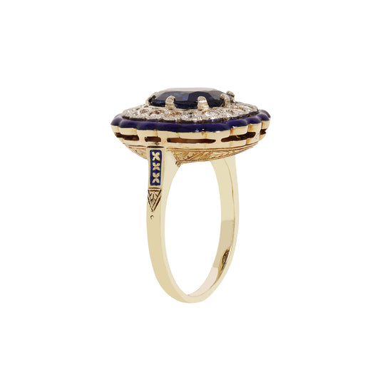 3.23 cts. Sapphire Diamond Blue Enamel Scalloped Ring