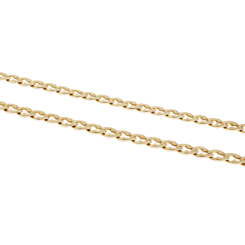 Detail view of 34-inch flat dual finish 18k yellow gold curb link chain.