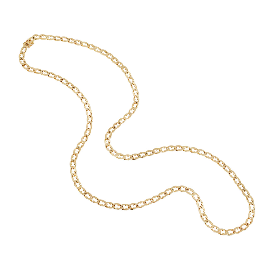 Full view of 34-inch flat dual finish 18k yellow gold curb link chain.