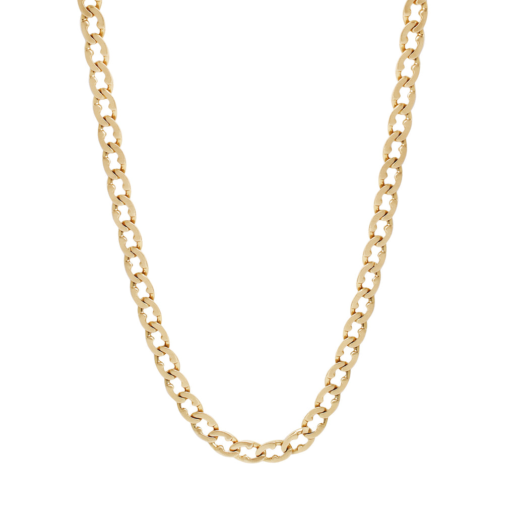 Bottom view of 34-inch flat dual finish 18k yellow gold curb link chain.