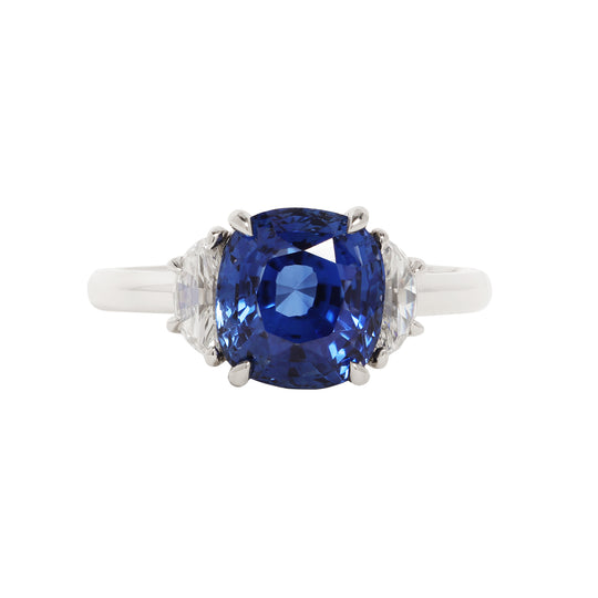 4.0 ct. Cushion Sapphire Half Moon Diamond Platinum Ring
