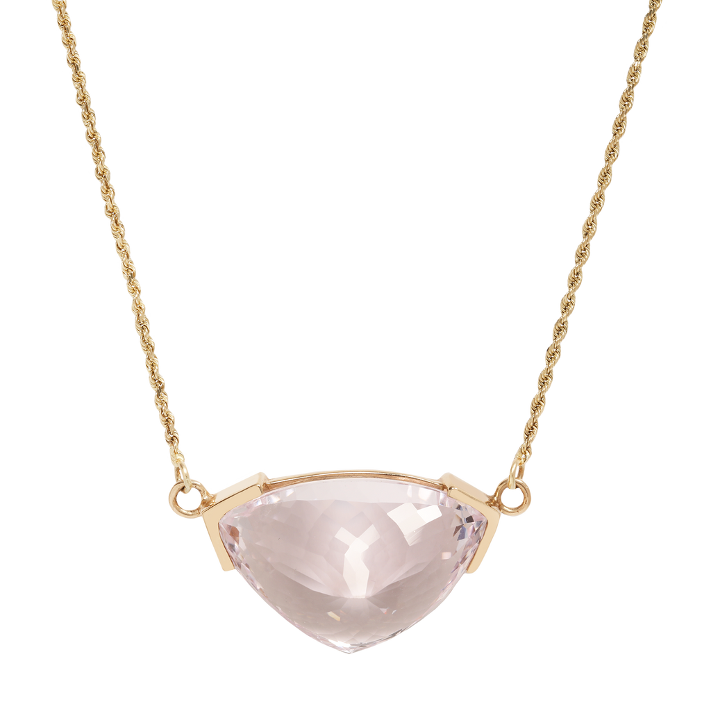 Large pale pink 52.00 carat triangular shaped Kunzite necklace in a 14k yellow gold partial bezel. Measures 16 inches long.