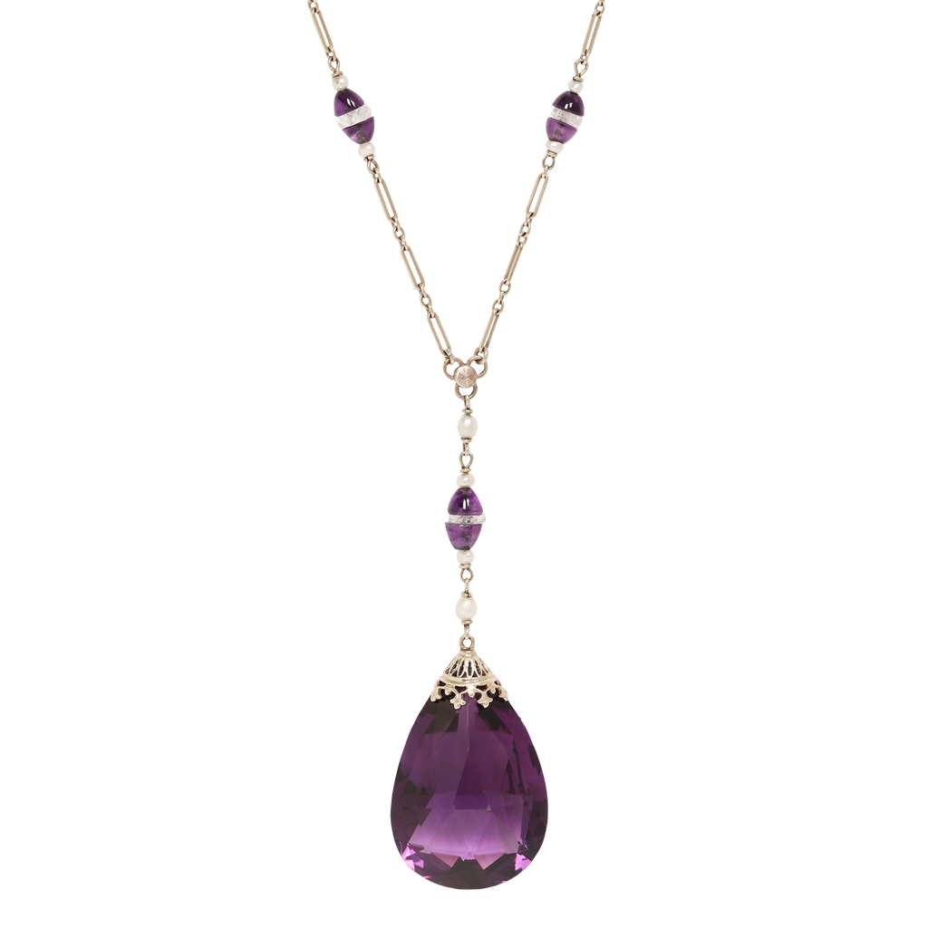 Amethyst large drop briolette Lariat necklace with seed pearls and amethyst half rondels in a 14k  white gold y-shaped paperclip link chain.