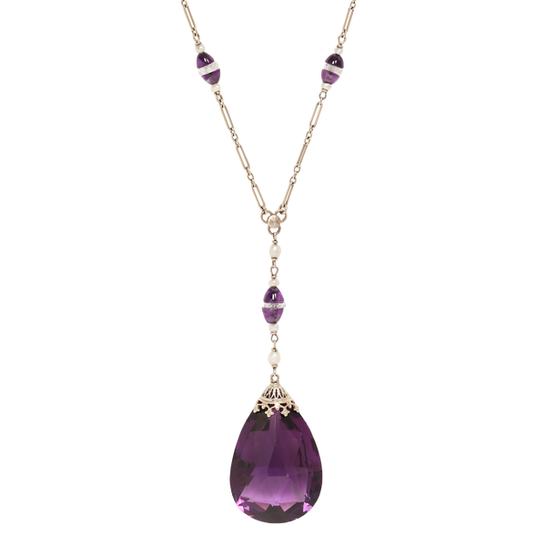 Amethyst large drop briolette Lariat necklace with seed pearls and amethyst half rondels in a 14k  white gold y-shaped paperclip link chain.