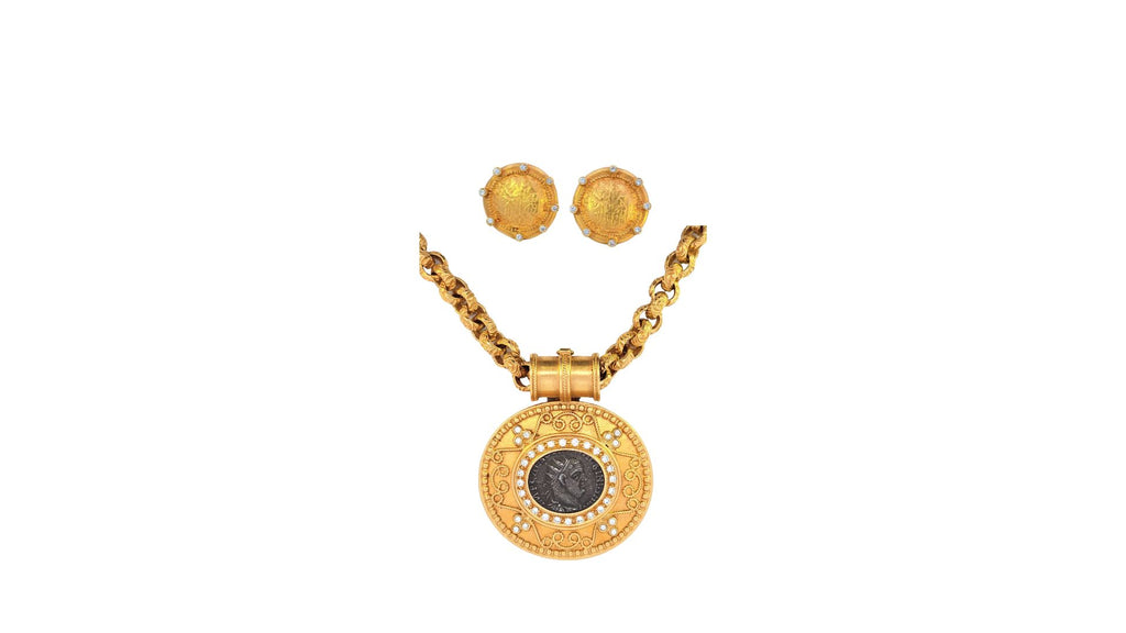 Ancient coin 22k yellow gold diamond filigree necklace and matching gold earrings.