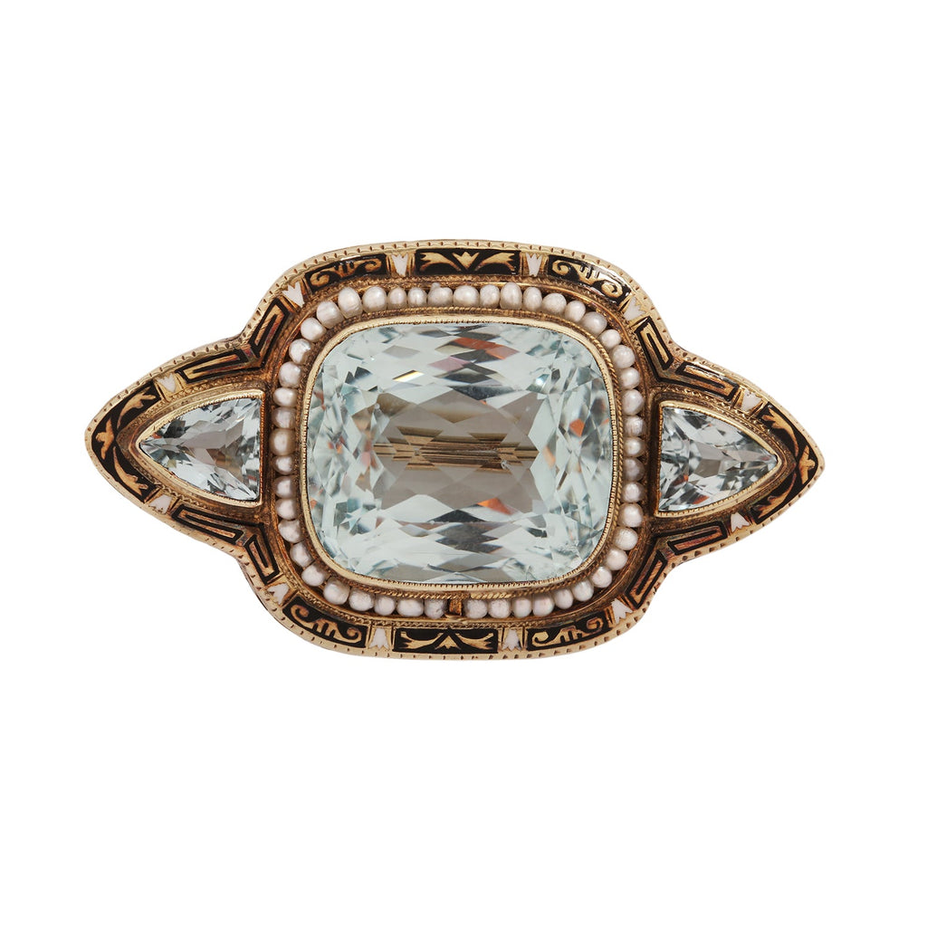 Victorian 14K gold brooch with a 19.18-carat aquamarine, seed pearls, black & white enamel, and milgrain detailing.