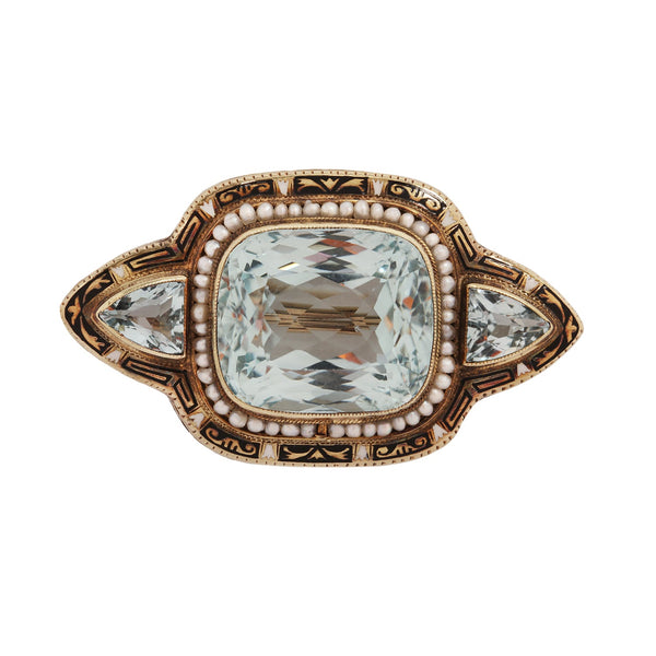 Victorian 14K gold brooch with a 19.18-carat aquamarine, seed pearls, black & white enamel, and milgrain detailing.