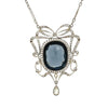 Detailed back view of natural blue spinel and diamond Edwardian pendant necklace with bow motif