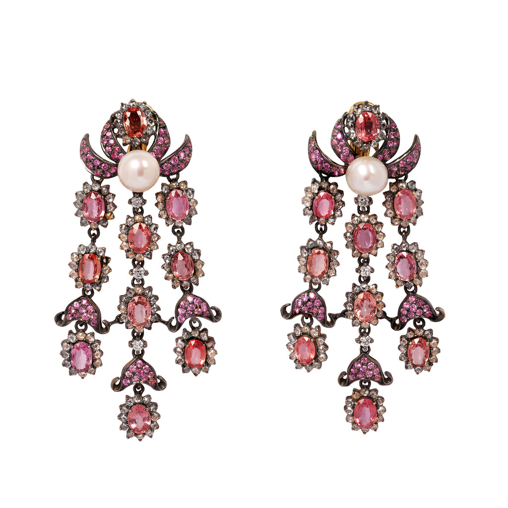 Front view of 18K gold chandelier earrings with pink sapphires, rose-cut diamonds, and pearls.
