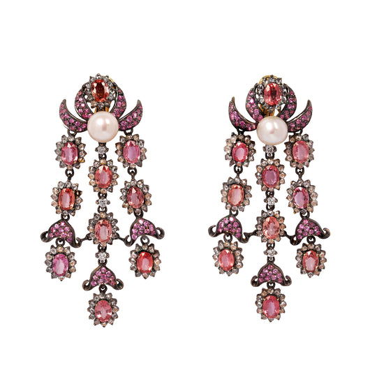 Antique-Style Pink Sapphire, Rose-Cut Diamond & Pearl Chandelier Earrings – 18K Gold – Convertible Clip/Pierced